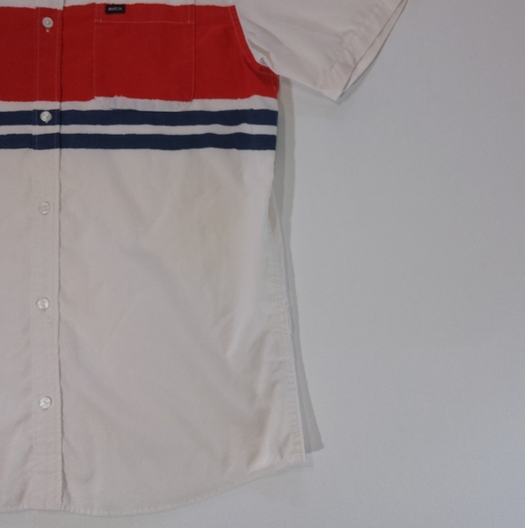 RVCA Mens Button Down Shirt Large White Red Blue Colorblock Stripe Beachy Casual - Picture 4 of 9